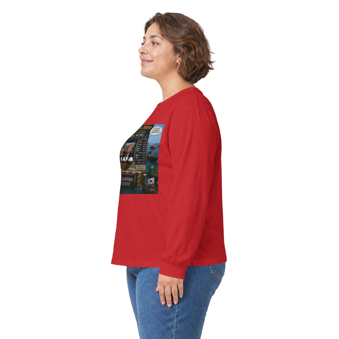 Long Sleeve Tee — Retro Arcade Collage "Trump Toll Booth" Design