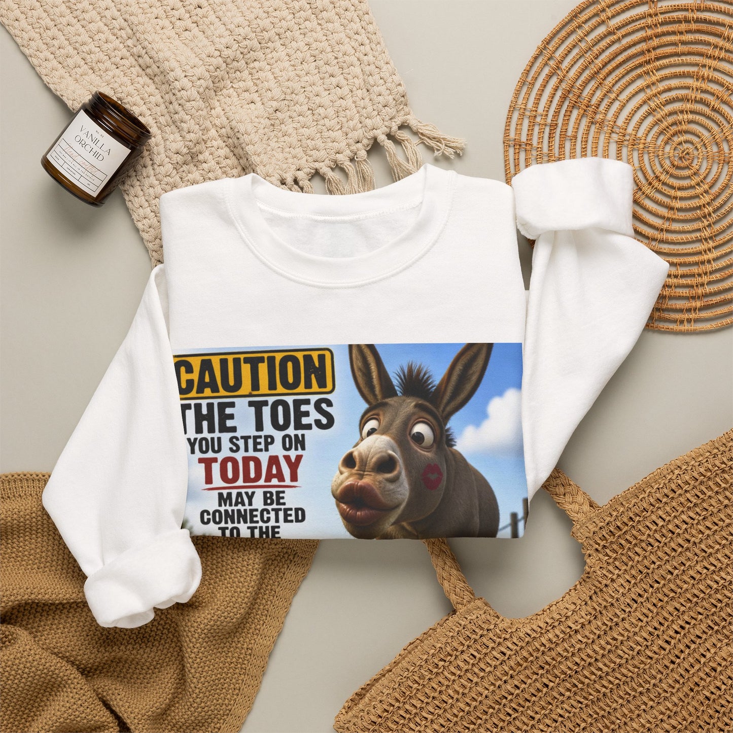 Donkey Kissing Joke Crewneck Sweatshirt – "Caution: The Toes" Graphic