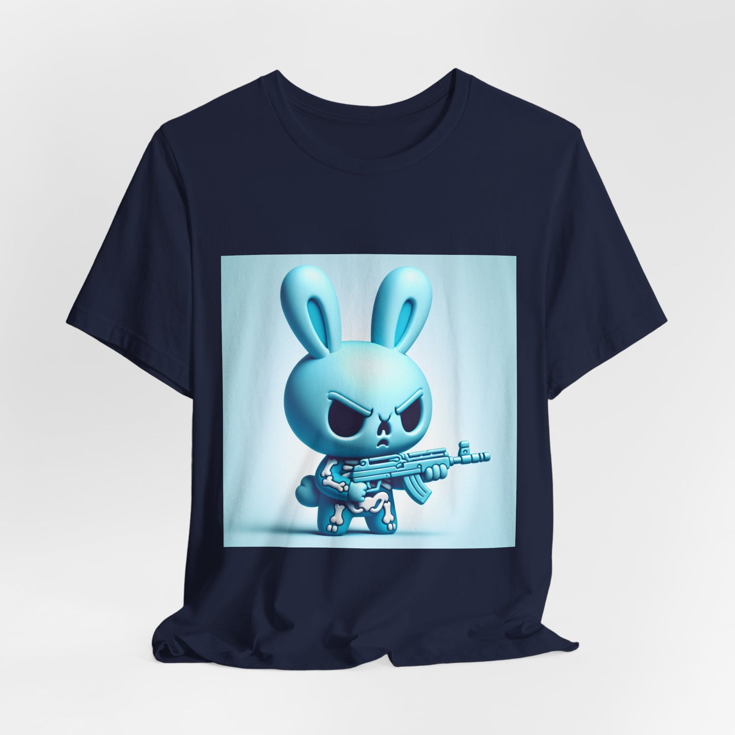 Angry Blue Bunny Tee — Cute Badass Cartoon Bunny with Rifle Graphic T-Shirt