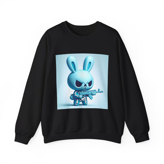 Bunny Soldier Crewneck Sweatshirt — Blue Cartoon Bunny with Rifle (The FAFO Society)