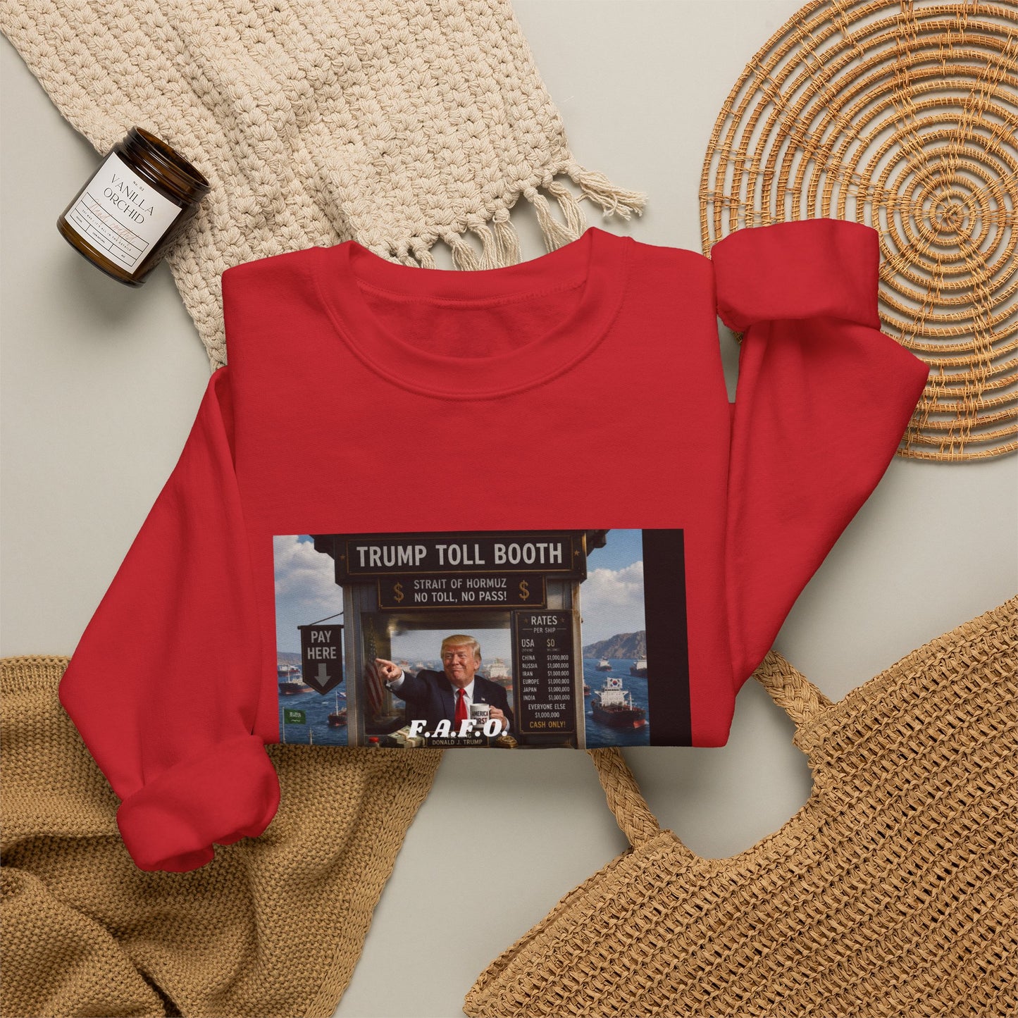 Political Satire Crewneck Sweatshirt — 'Trump Toll Booth' Graphic