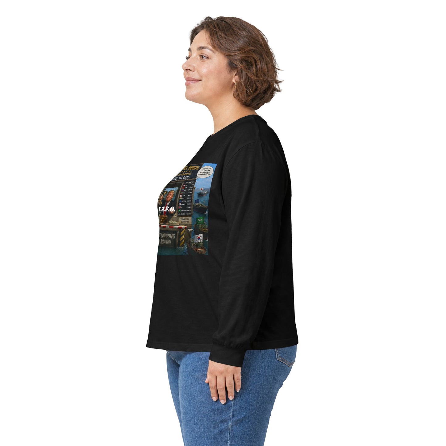 Long Sleeve Tee — Retro Arcade Collage "Trump Toll Booth" Design