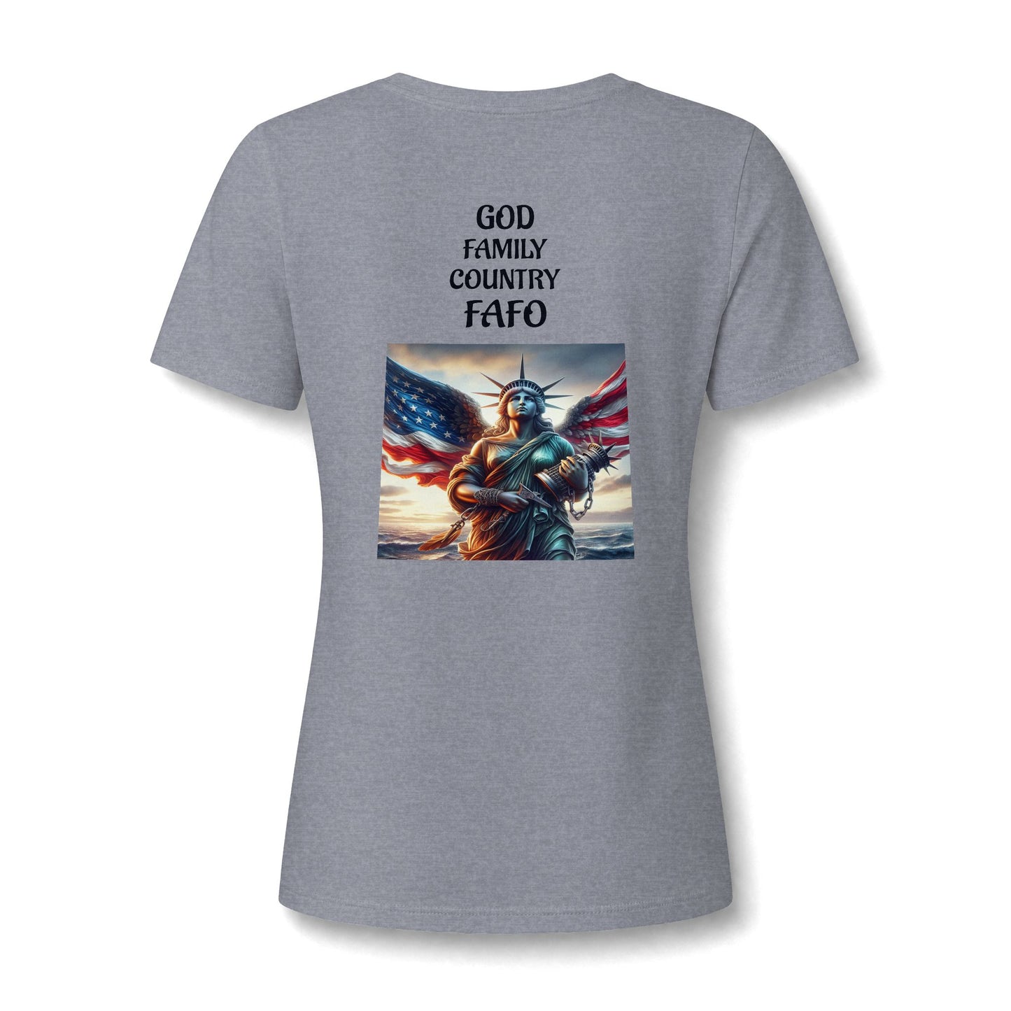 Liberty Statue American Flag V-Neck Tee - Patriotic Women's Graphic T-Shirt
