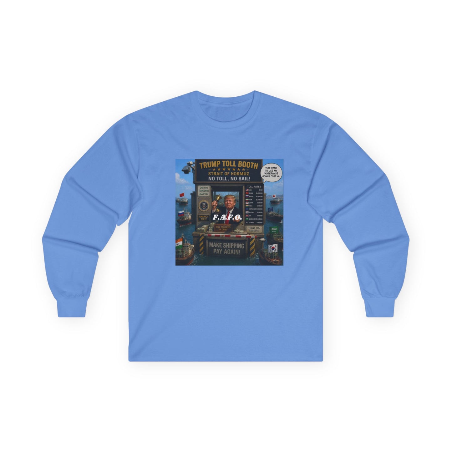 Long Sleeve Tee — Retro Arcade Collage "Trump Toll Booth" Design