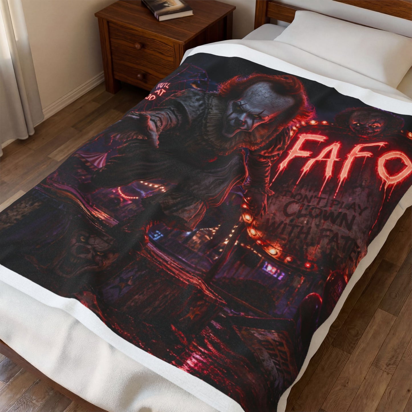 Horror Clown Velveteen Plush Blanket - "You'll Float Too" Creepy Carnival Throw