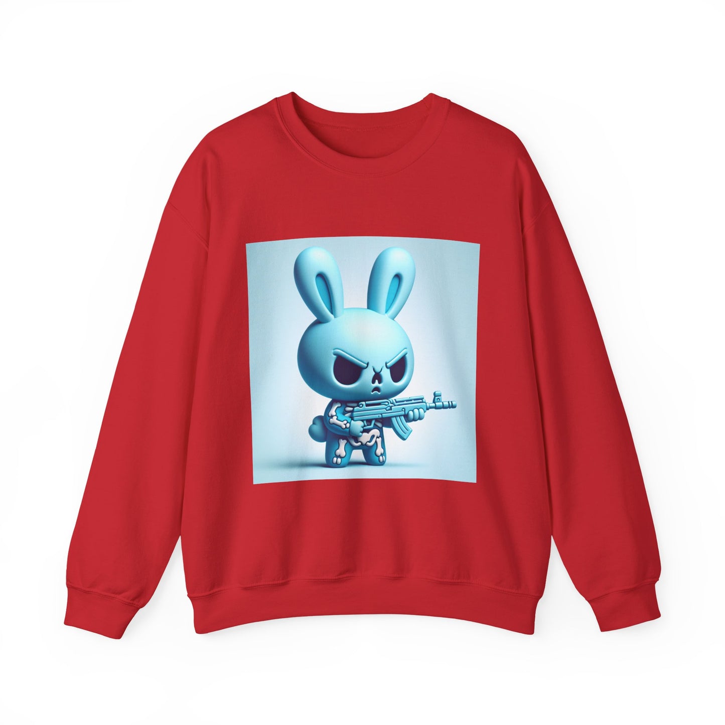 Bunny Soldier Crewneck Sweatshirt — Blue Cartoon Bunny with Rifle (The FAFO Society)