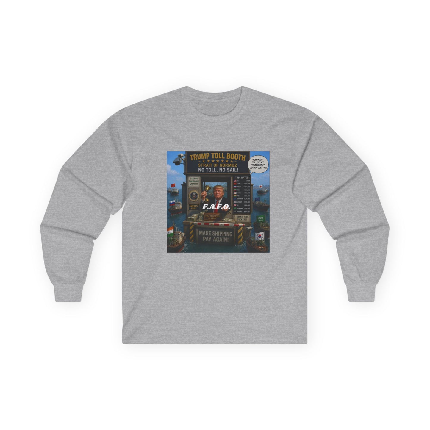 Long Sleeve Tee — Retro Arcade Collage "Trump Toll Booth" Design