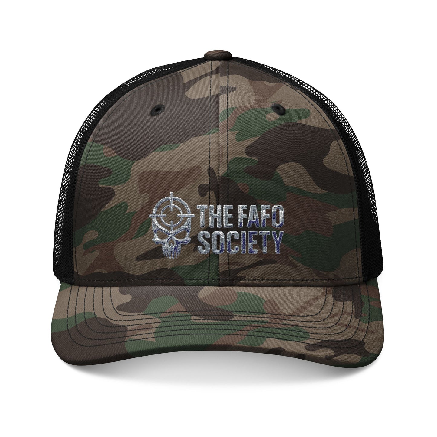 Camouflage Trucker Hat — Embroidered “The Fafo Society” Logo