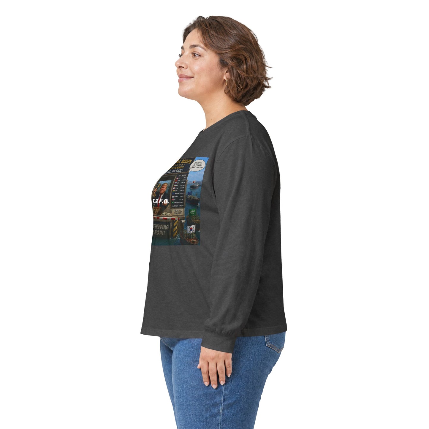 Long Sleeve Tee — Retro Arcade Collage "Trump Toll Booth" Design