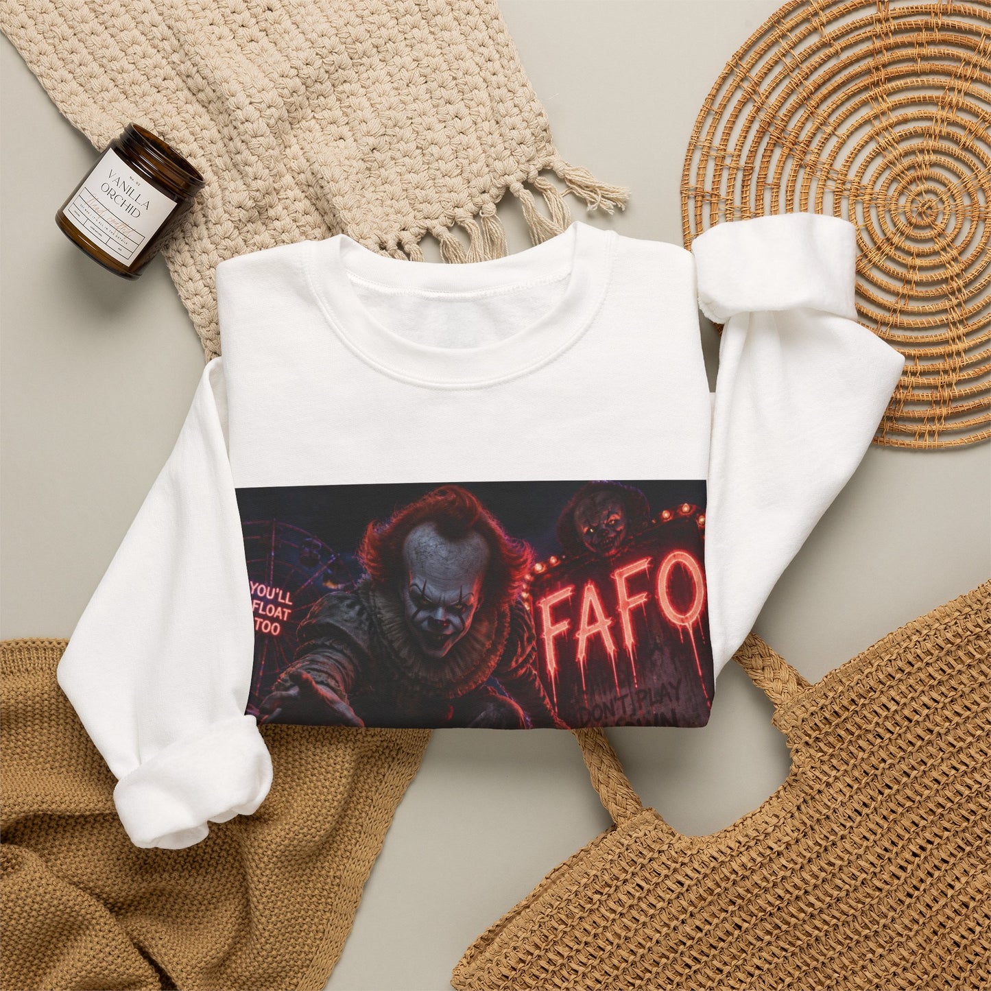 Horror Clown Crewneck Sweatshirt – Neon Carnival Pennywise Design