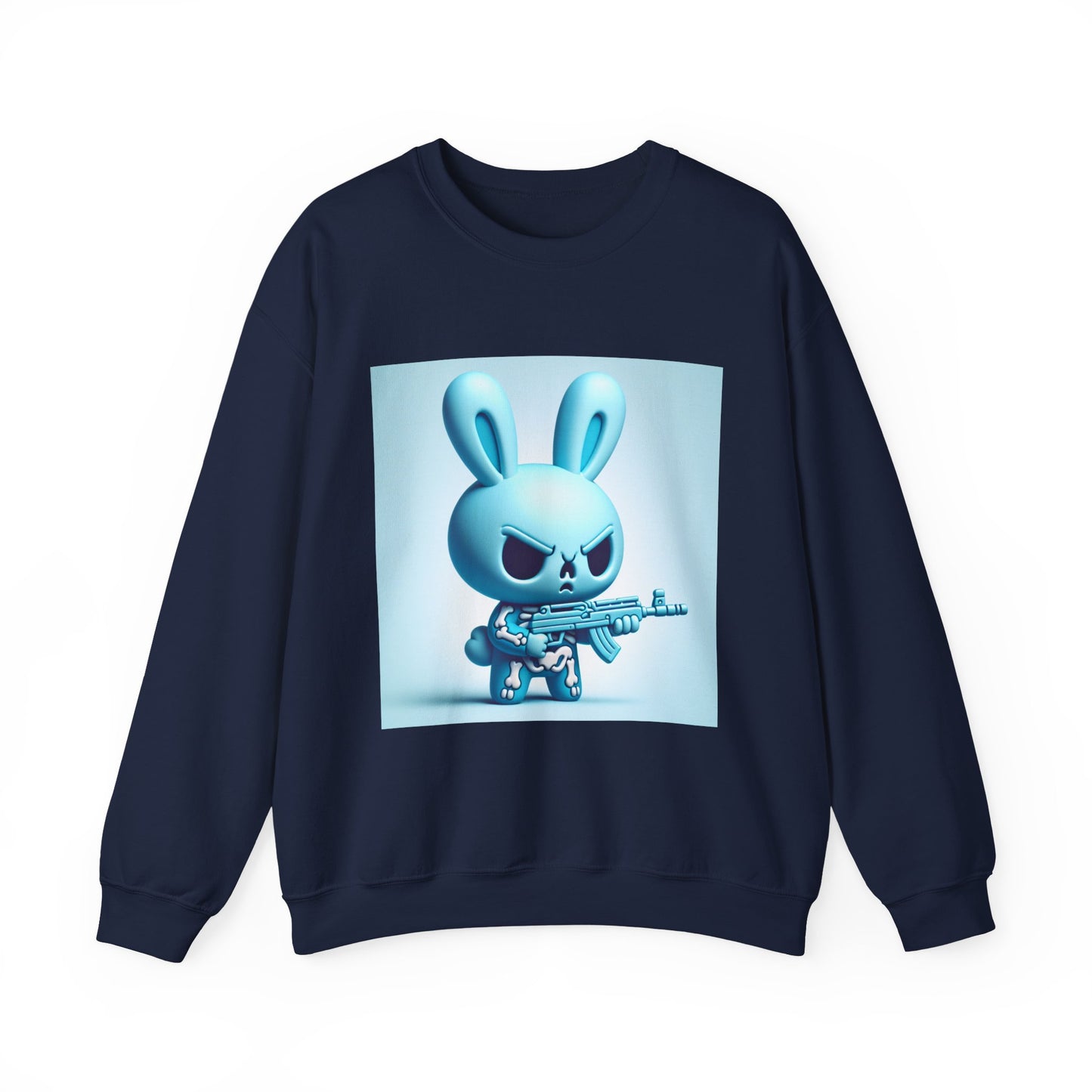 Bunny Soldier Crewneck Sweatshirt — Blue Cartoon Bunny with Rifle (The FAFO Society)