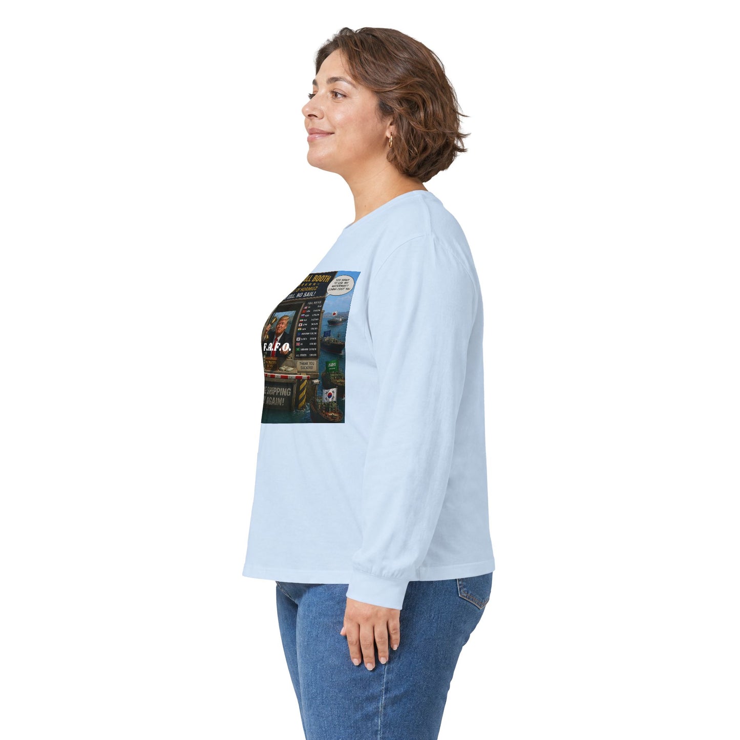 Long Sleeve Tee — Retro Arcade Collage "Trump Toll Booth" Design