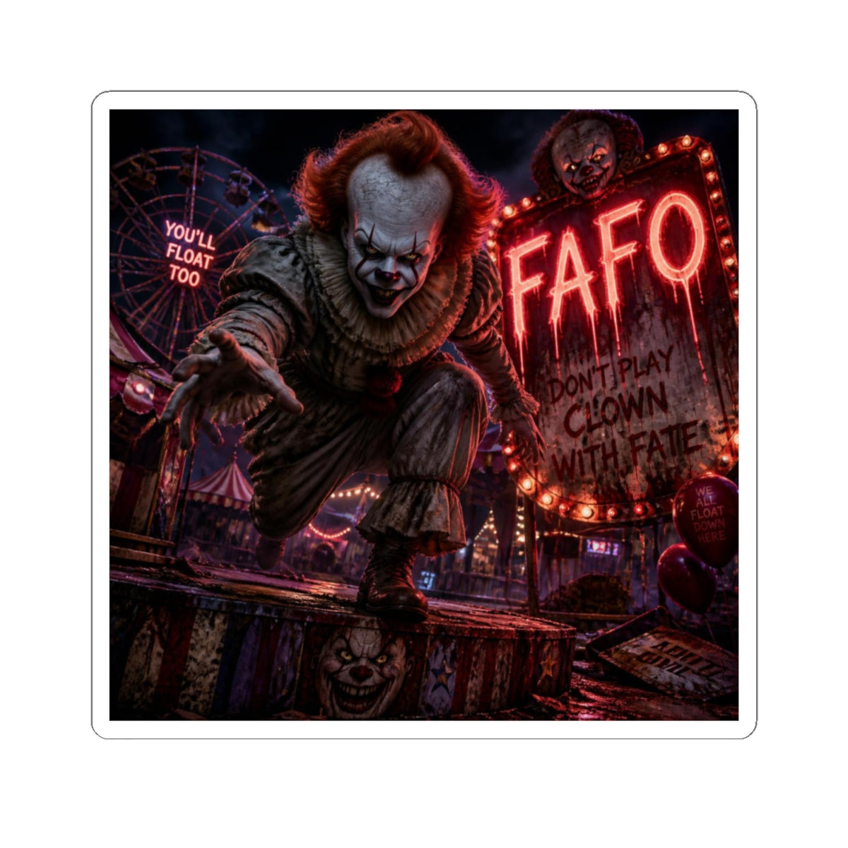 Horror Clown Kiss-Cut Sticker — "FAFO" Creepy Carnival Design