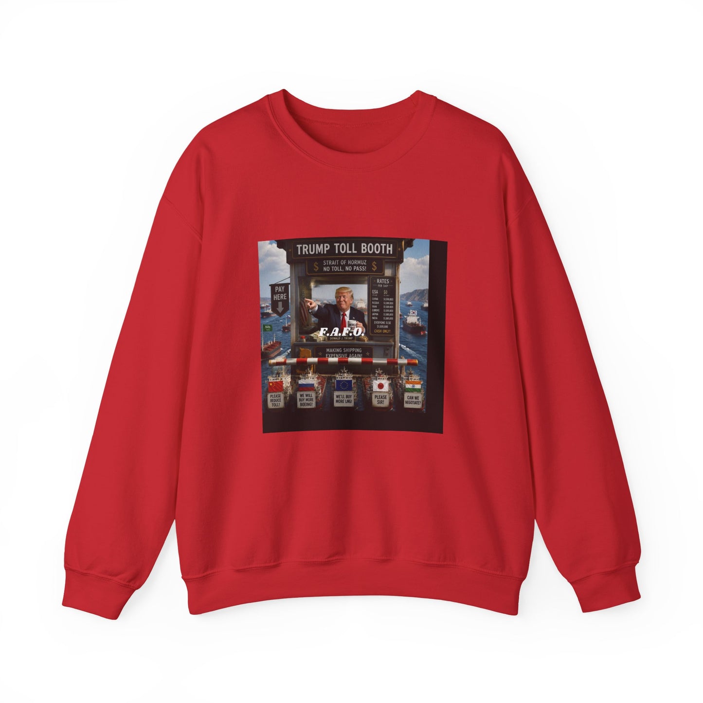 Political Satire Crewneck Sweatshirt — 'Trump Toll Booth' Graphic