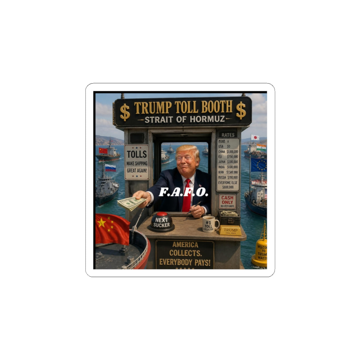 Political Sticker — "Trump Toll Booth: Strait of Hormuz" Kiss-Cut Sticker