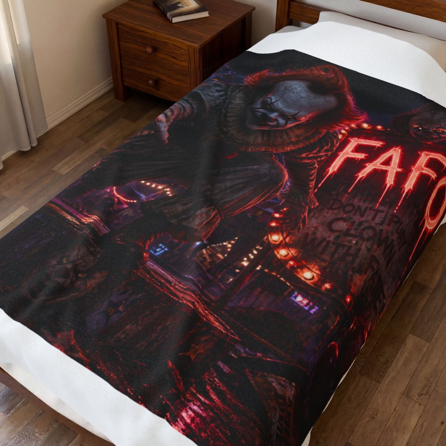 Horror Clown Velveteen Plush Blanket - "You'll Float Too" Creepy Carnival Throw