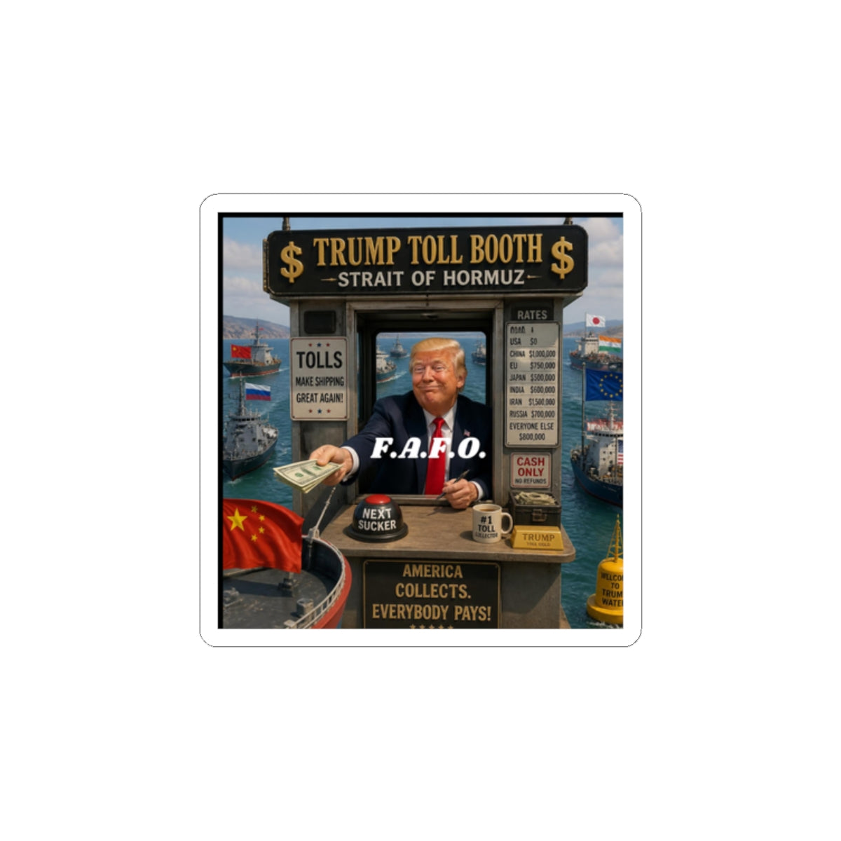 Political Sticker — "Trump Toll Booth: Strait of Hormuz" Kiss-Cut Sticker