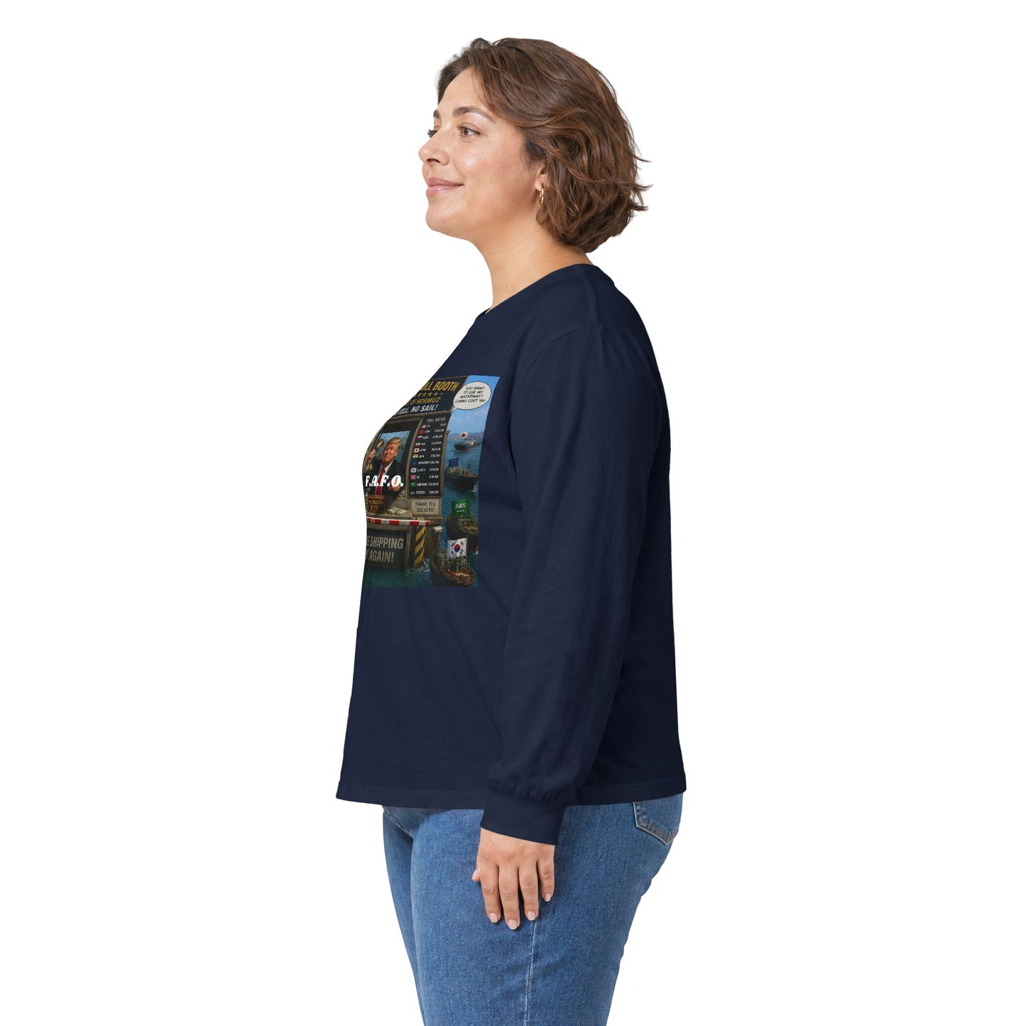 Long Sleeve Tee — Retro Arcade Collage "Trump Toll Booth" Design