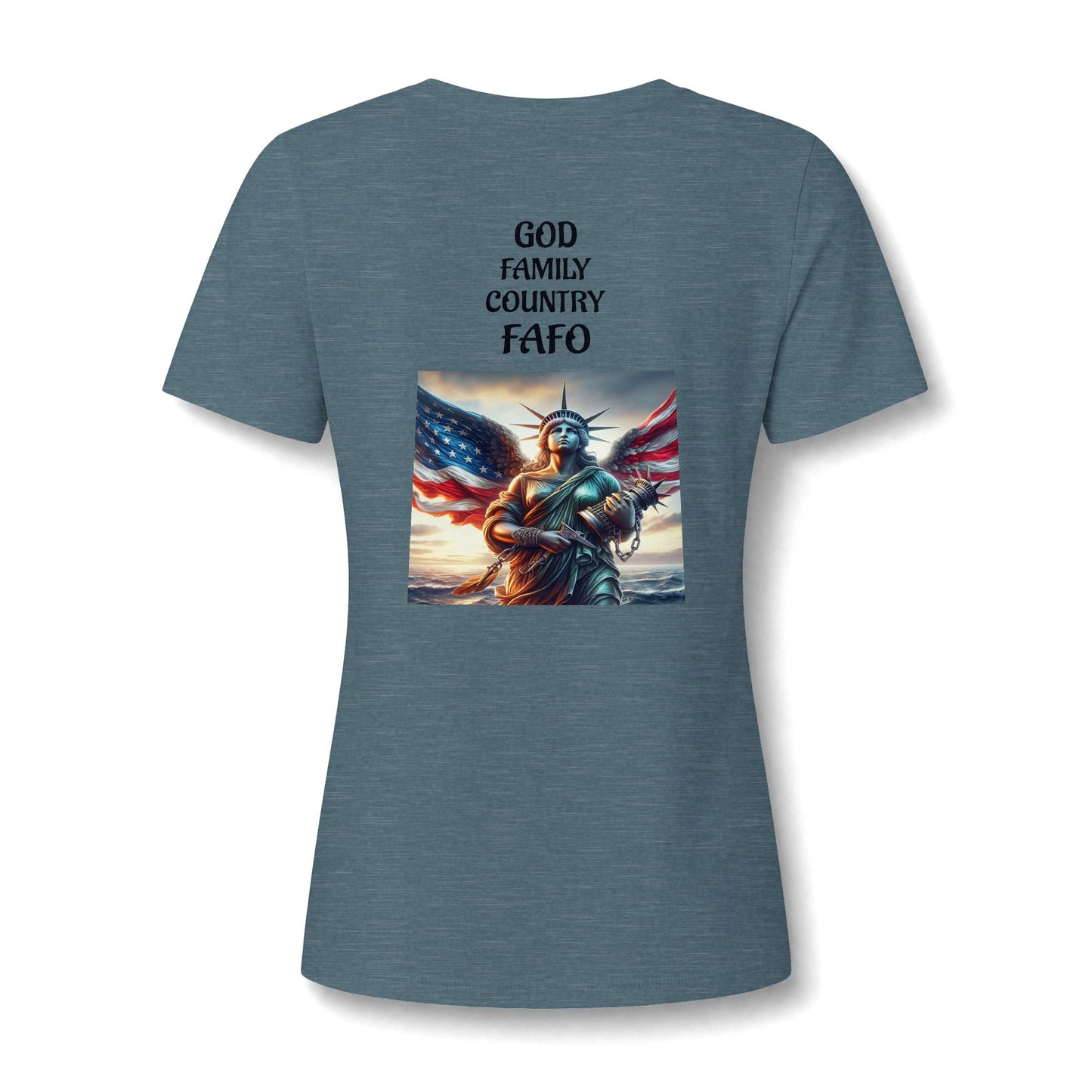 Liberty Statue American Flag V-Neck Tee - Patriotic Women's Graphic T-Shirt