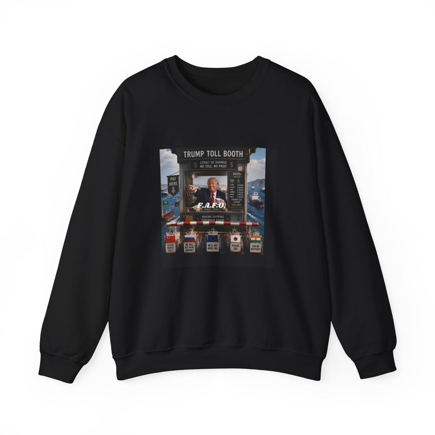 Political Satire Crewneck Sweatshirt — 'Trump Toll Booth' Graphic