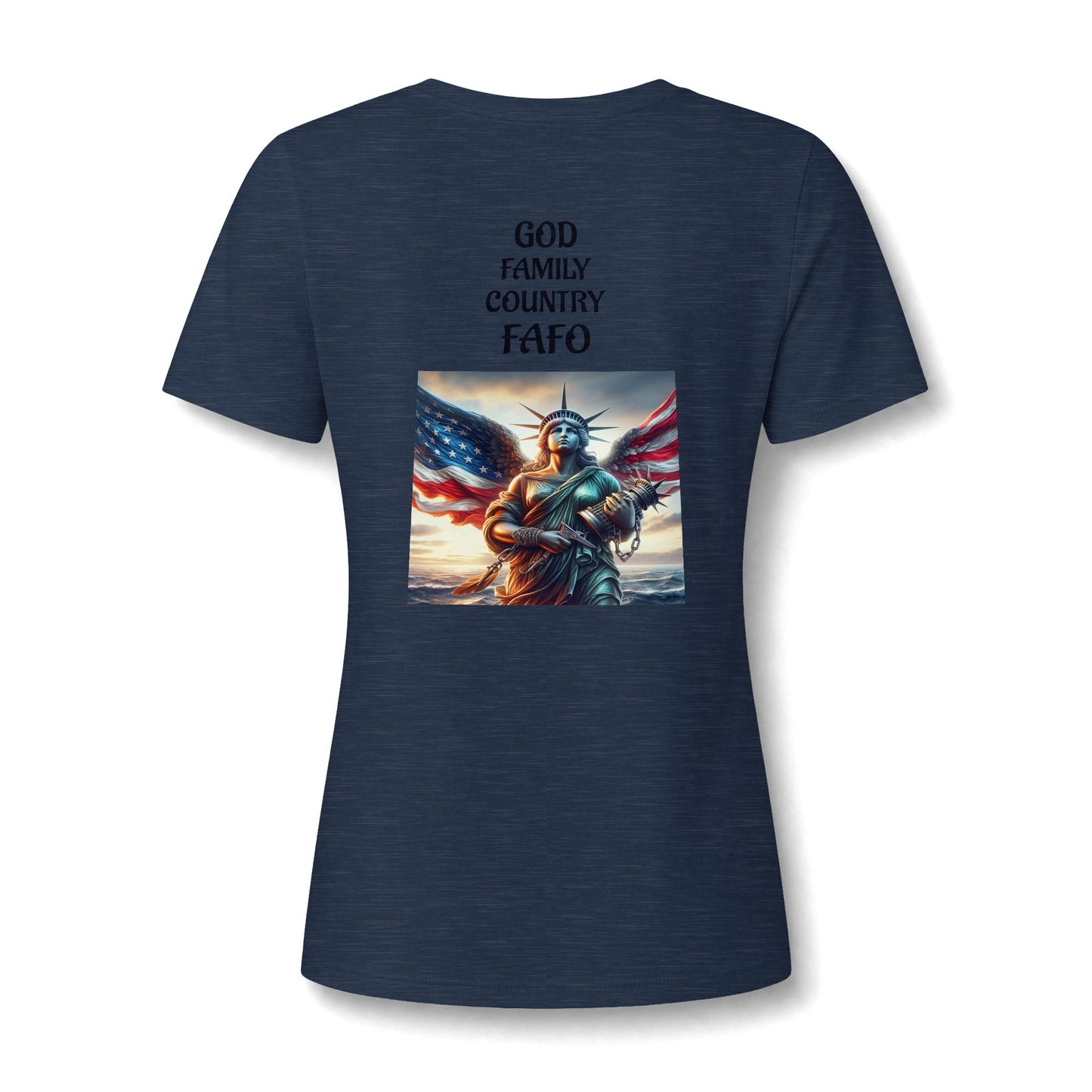 Liberty Statue American Flag V-Neck Tee - Patriotic Women's Graphic T-Shirt