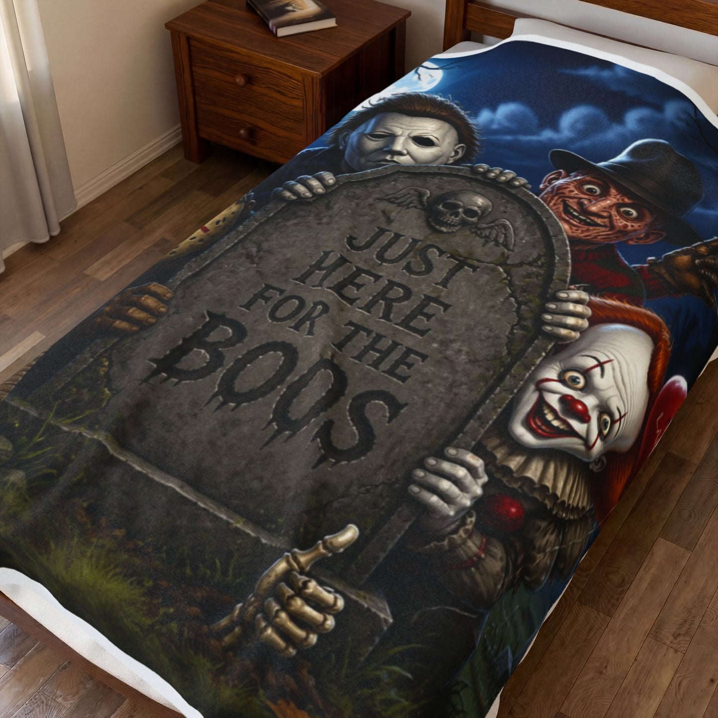 Plush Blanket — "Just Here for the Boos" Halloween Horror Graveyard Print