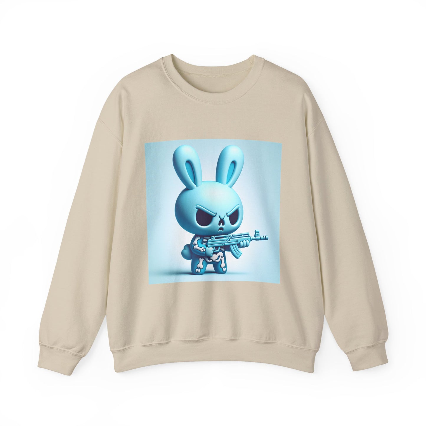Bunny Soldier Crewneck Sweatshirt — Blue Cartoon Bunny with Rifle (The FAFO Society)