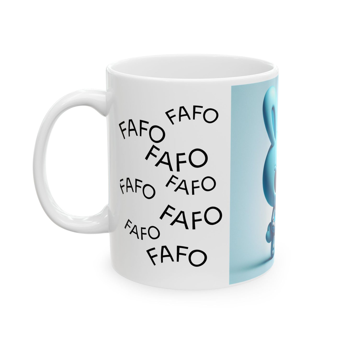 Angry Bunny with Rifle Ceramic Mug — 'FAFO' Repeating Pattern, 11oz & 15oz