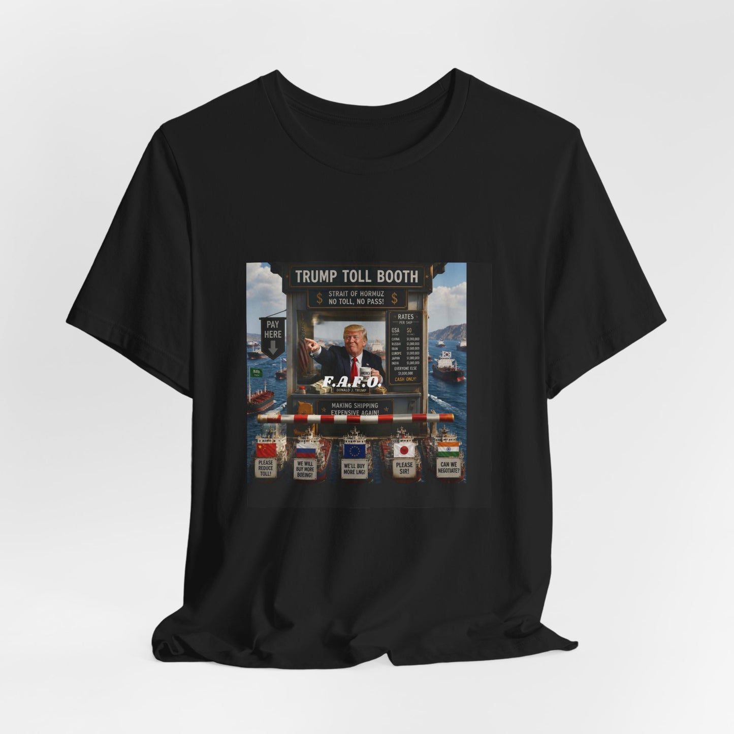 Trump Toll Booth Graphic Tee — Political Satire Short Sleeve Shirt