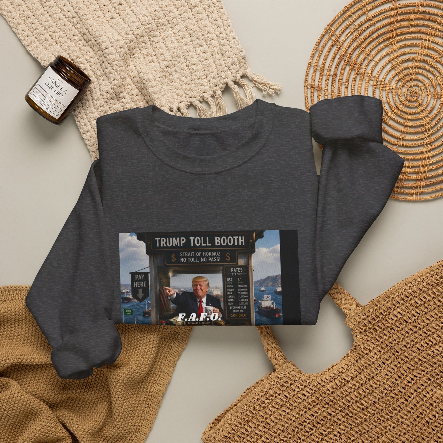 Political Satire Crewneck Sweatshirt — 'Trump Toll Booth' Graphic