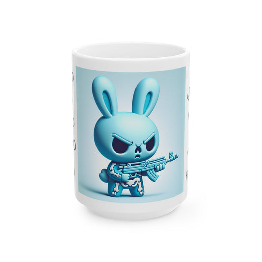 Angry Bunny with Rifle Ceramic Mug — 'FAFO' Repeating Pattern, 11oz & 15oz