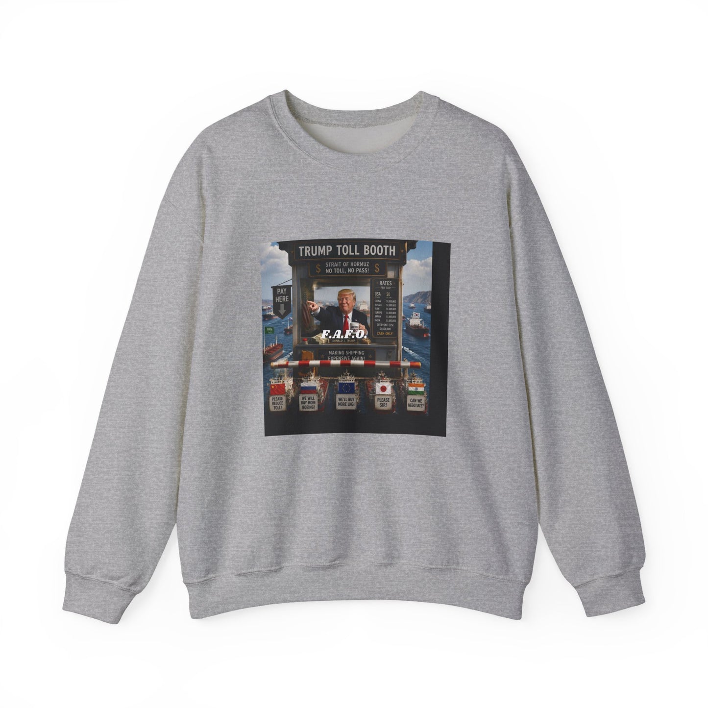 Political Satire Crewneck Sweatshirt — 'Trump Toll Booth' Graphic