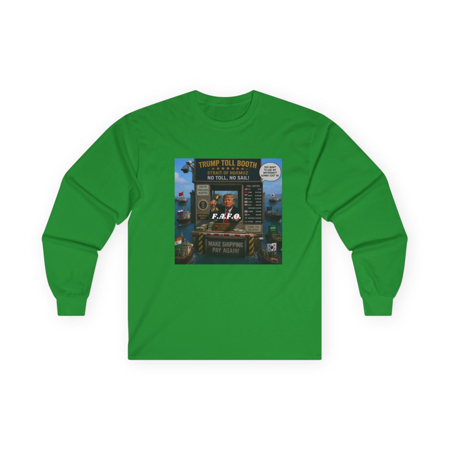 Long Sleeve Tee — Retro Arcade Collage "Trump Toll Booth" Design