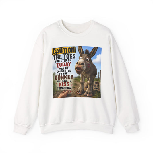 Donkey Kissing Joke Crewneck Sweatshirt – "Caution: The Toes" Graphic