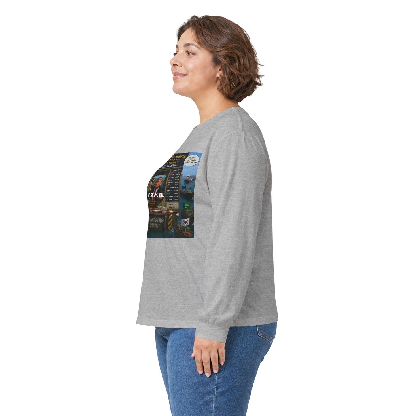 Long Sleeve Tee — Retro Arcade Collage "Trump Toll Booth" Design