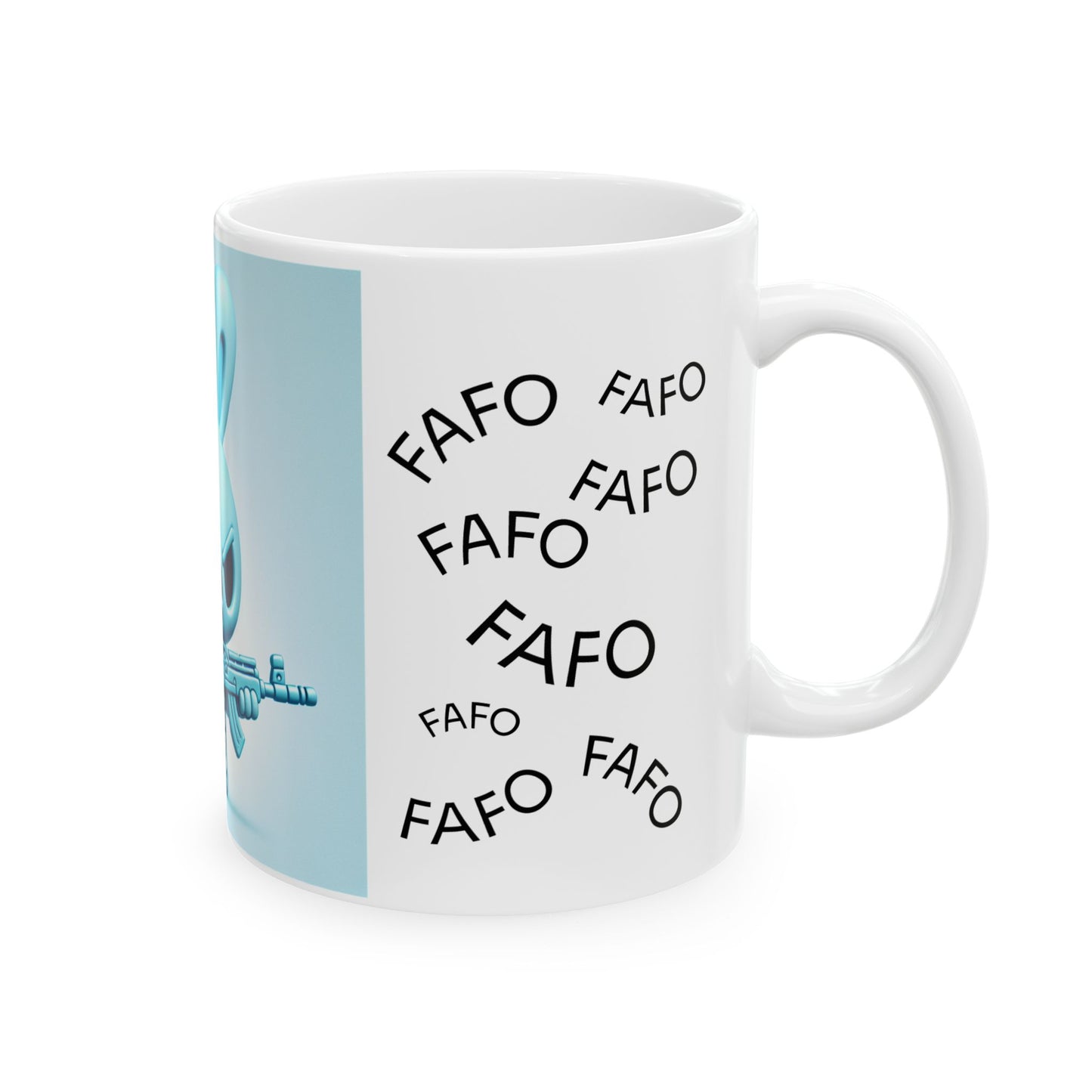 Angry Bunny with Rifle Ceramic Mug — 'FAFO' Repeating Pattern, 11oz & 15oz