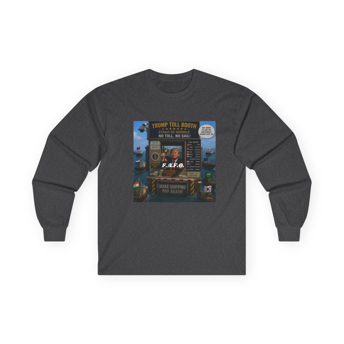 Long Sleeve Tee — Retro Arcade Collage "Trump Toll Booth" Design