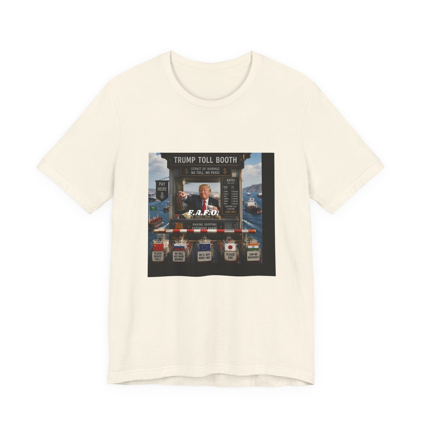 Trump Toll Booth Graphic Tee — Political Satire Short Sleeve Shirt