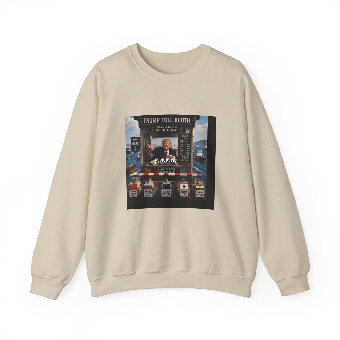 Political Satire Crewneck Sweatshirt — 'Trump Toll Booth' Graphic