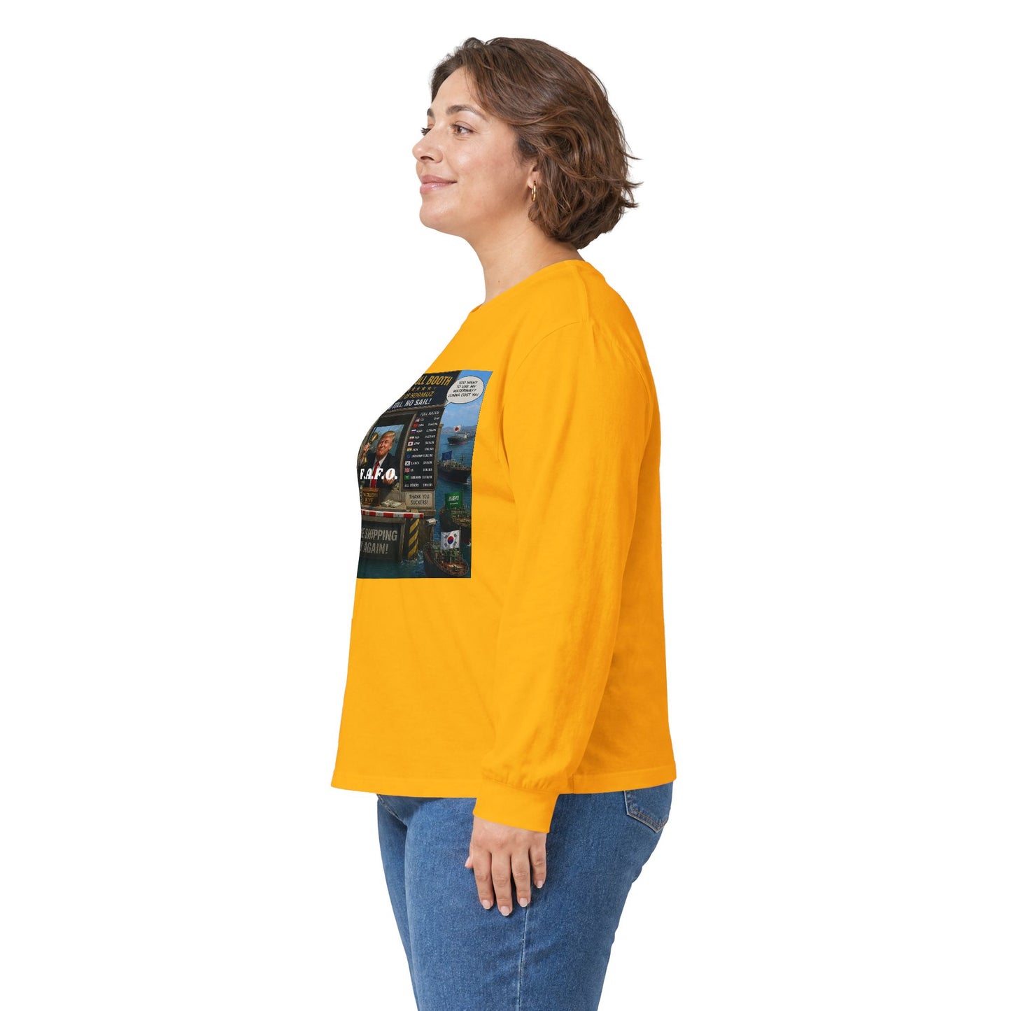 Long Sleeve Tee — Retro Arcade Collage "Trump Toll Booth" Design