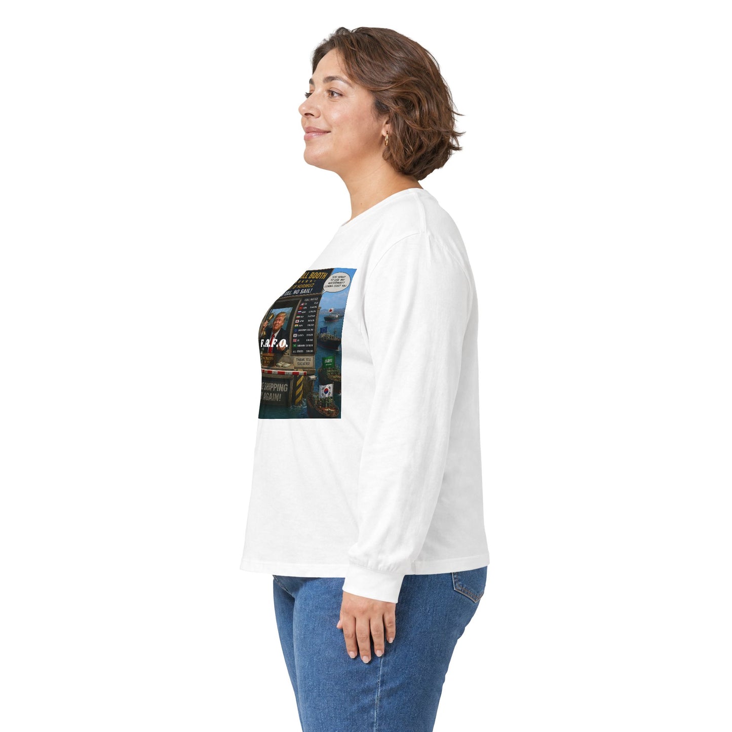 Long Sleeve Tee — Retro Arcade Collage "Trump Toll Booth" Design