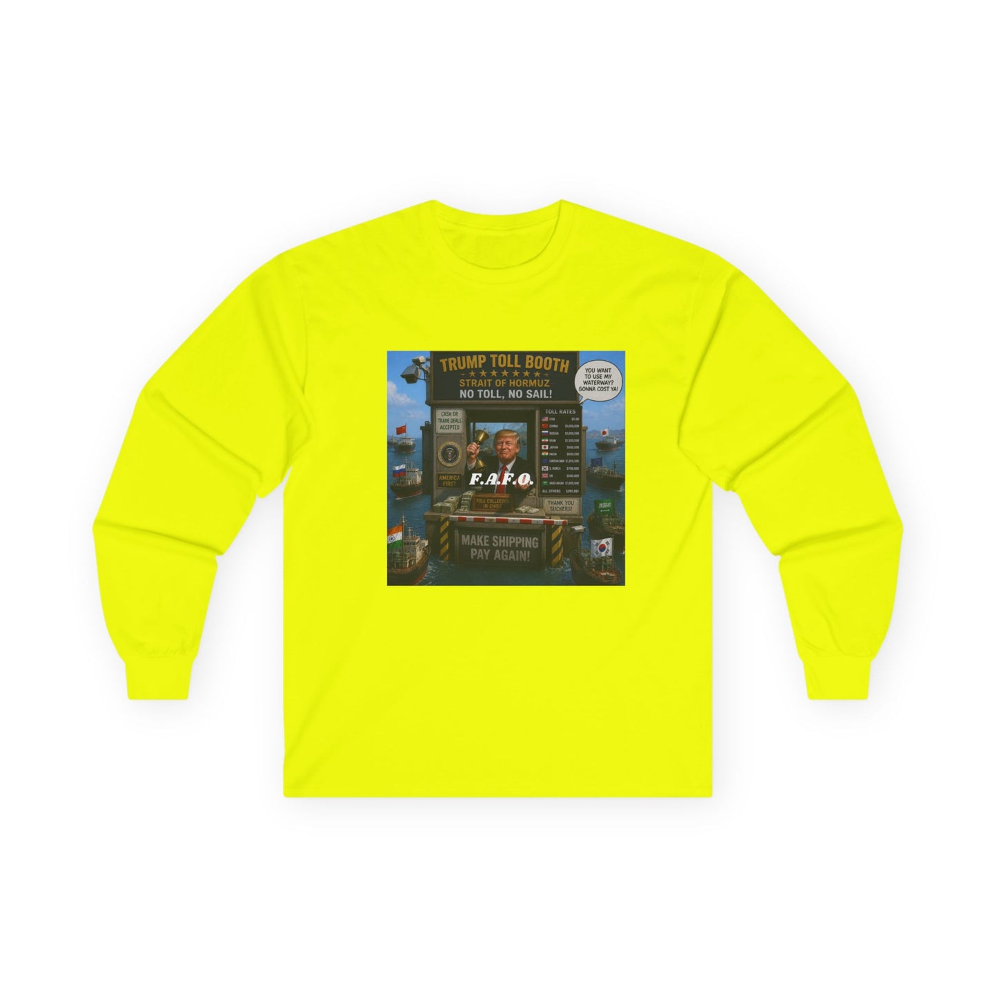 Long Sleeve Tee — Retro Arcade Collage "Trump Toll Booth" Design