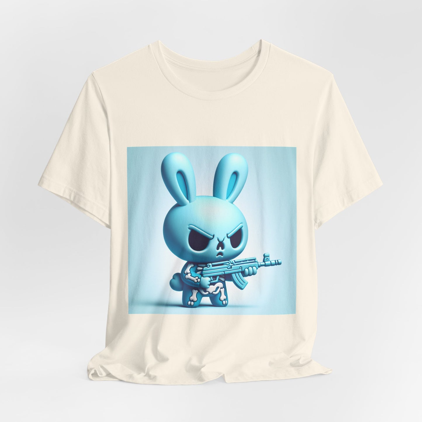 Angry Blue Bunny Tee — Cute Badass Cartoon Bunny with Rifle Graphic T-Shirt