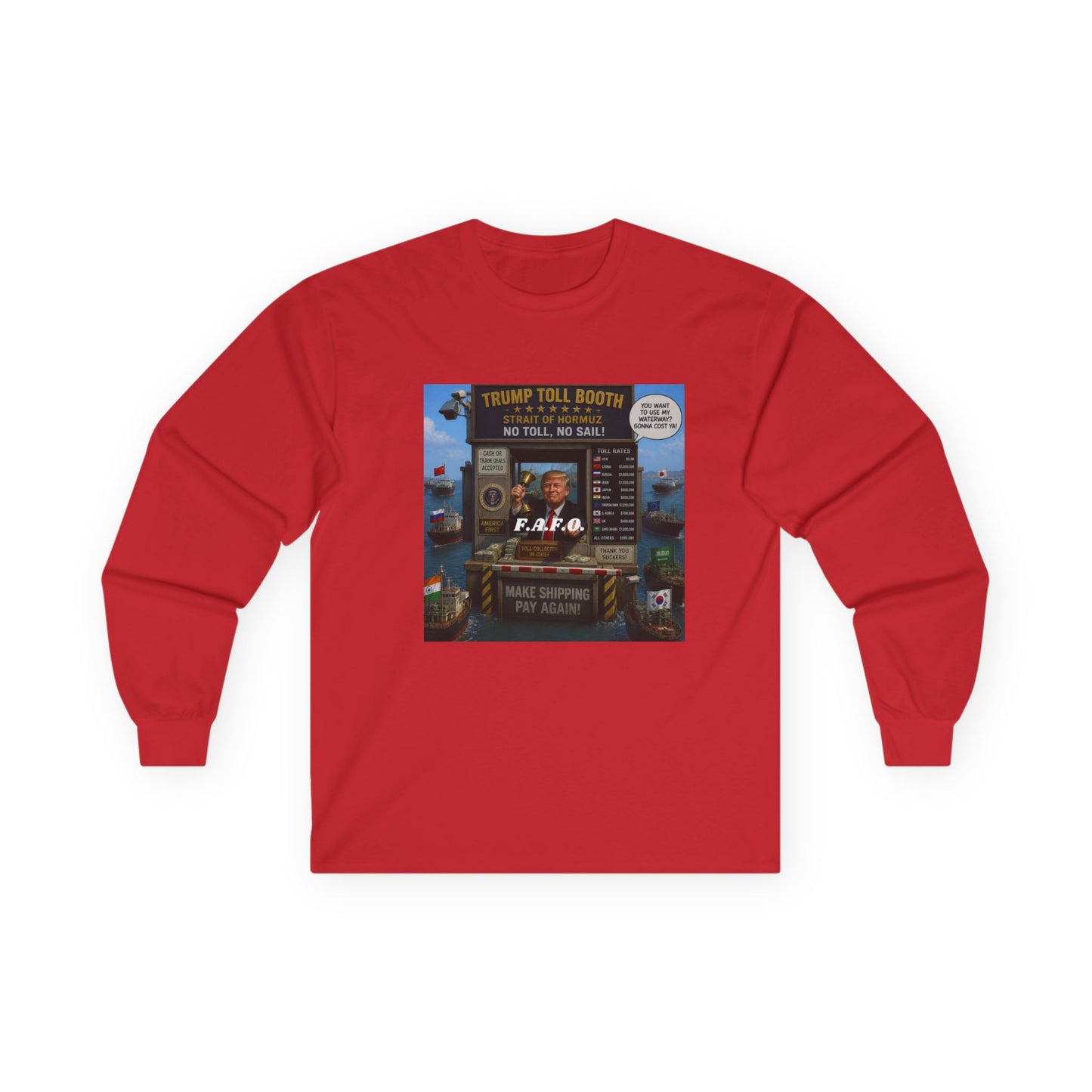 Long Sleeve Tee — Retro Arcade Collage "Trump Toll Booth" Design