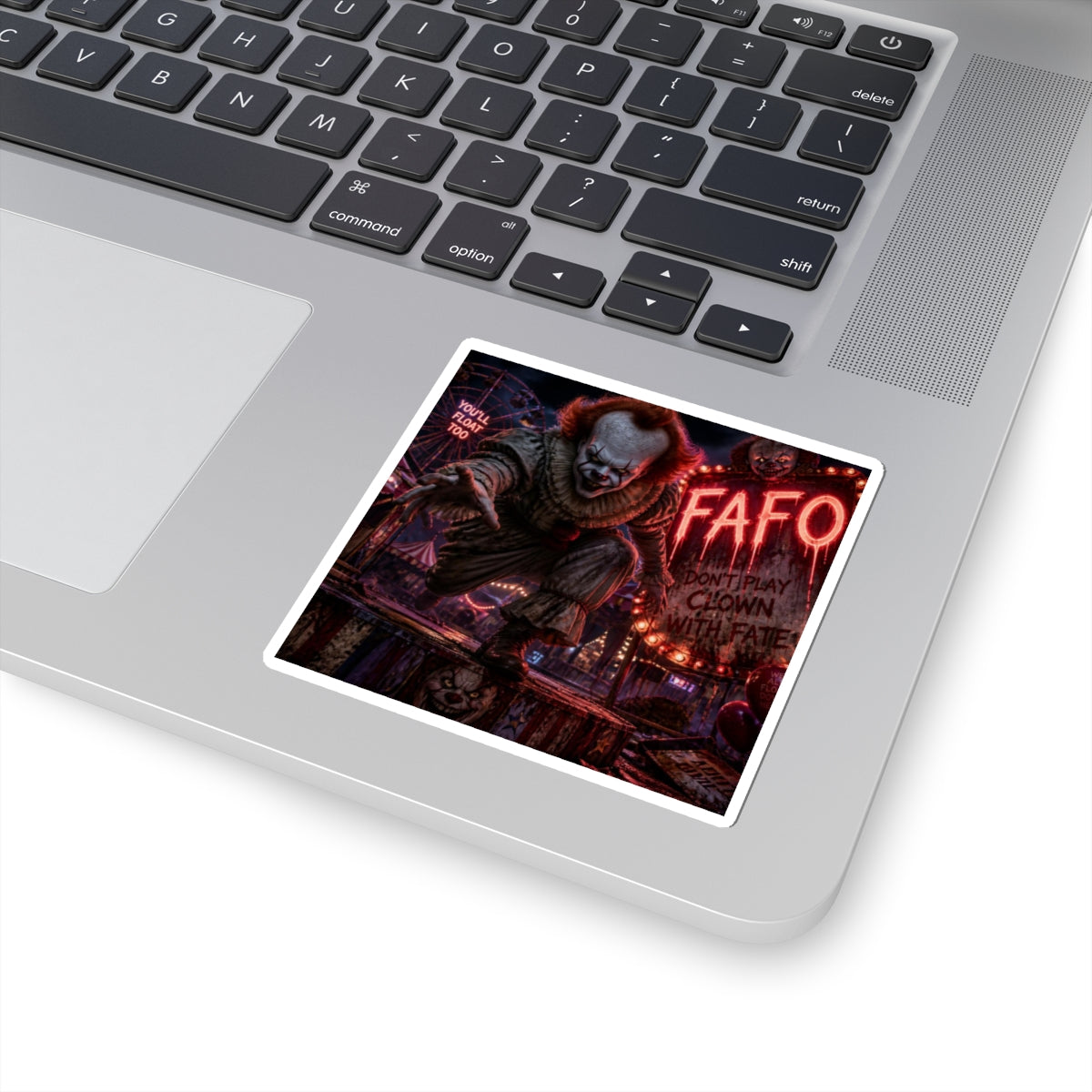 Horror Clown Kiss-Cut Sticker – 'You'll Float Too' Scary Carnival Decal
