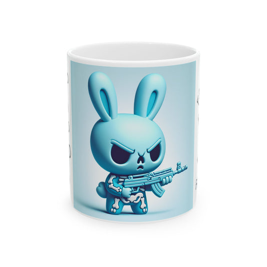 Angry Bunny with Rifle Ceramic Mug — 'FAFO' Repeating Pattern, 11oz & 15oz