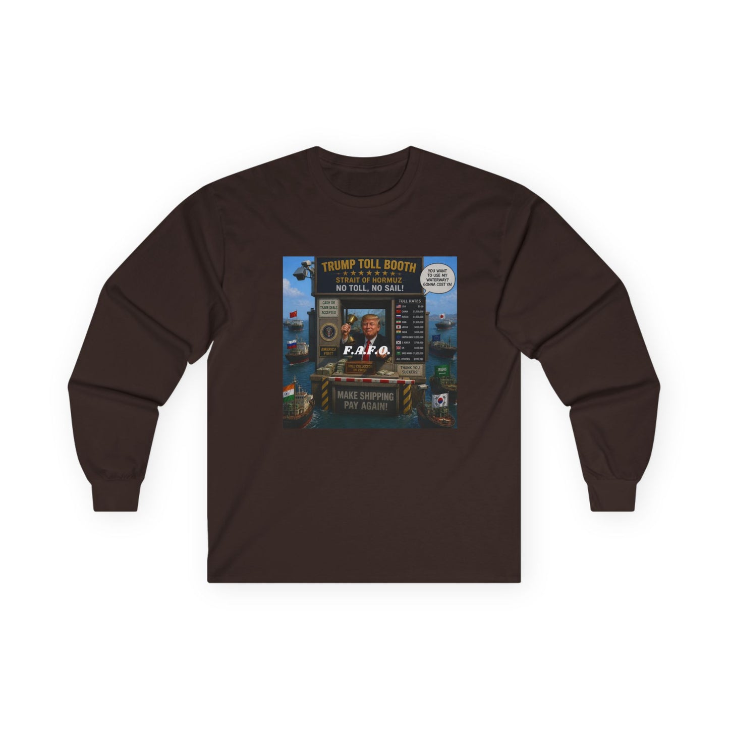 Long Sleeve Tee — Retro Arcade Collage "Trump Toll Booth" Design