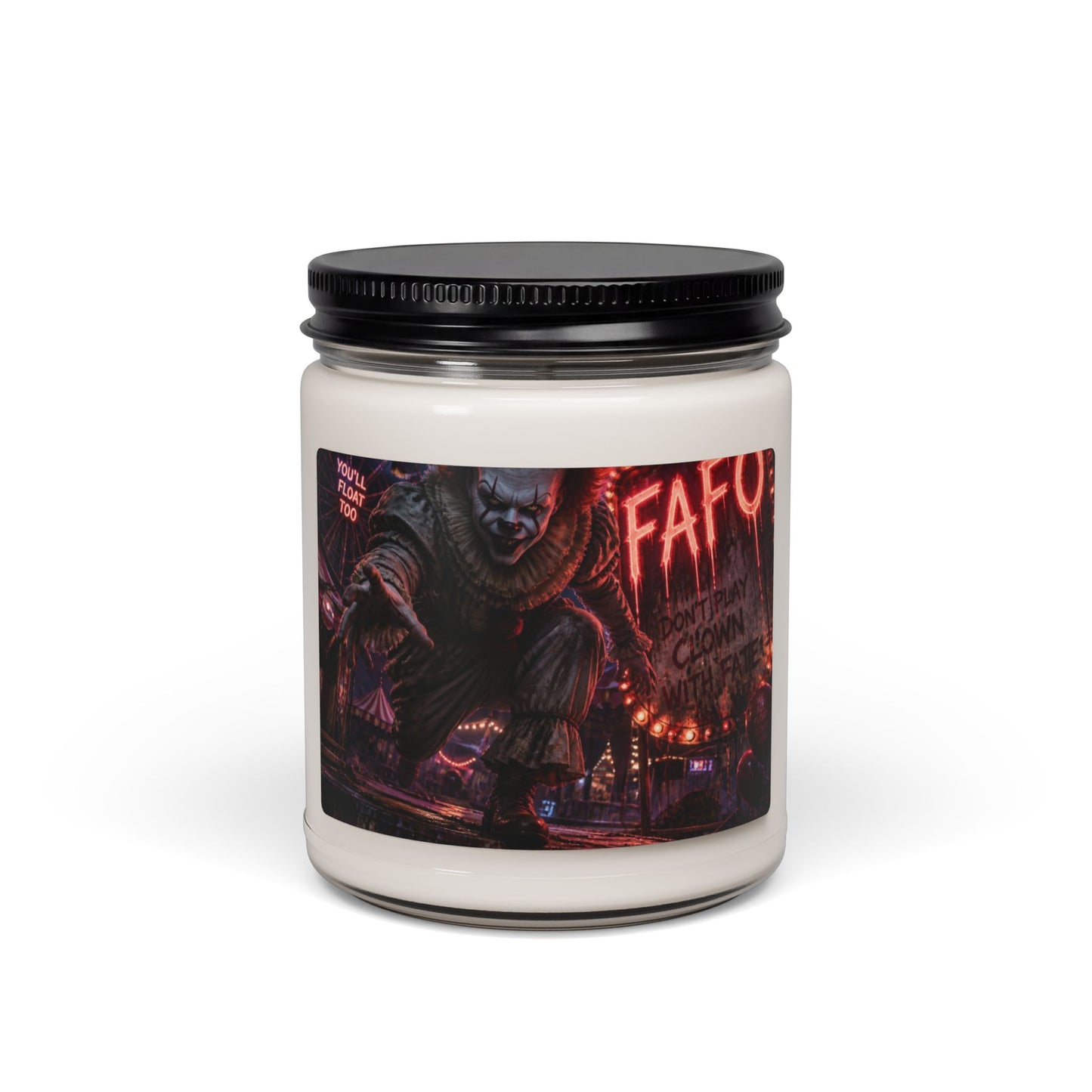 Horror Clown Soy Candle — 9oz Scented Jar (FAFO Neon Carnival Design)