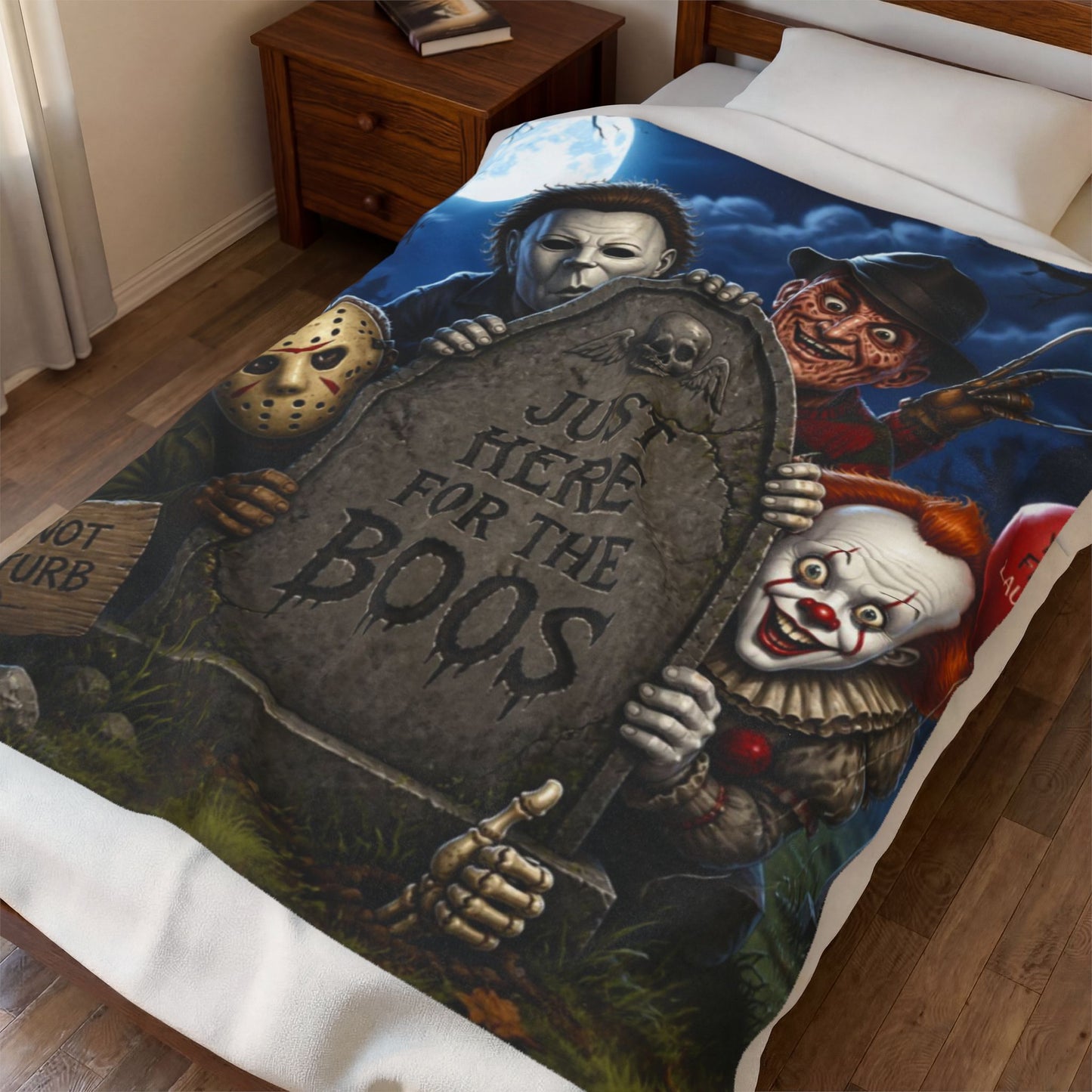 Plush Blanket — "Just Here for the Boos" Halloween Horror Graveyard Print