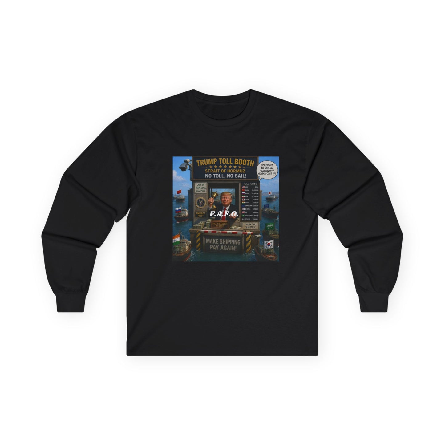 Long Sleeve Tee — Retro Arcade Collage "Trump Toll Booth" Design